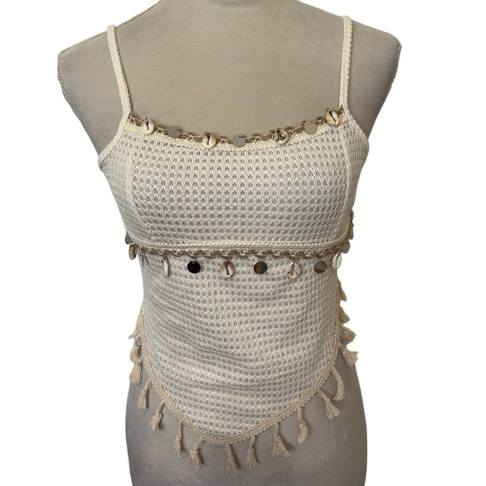 SHEIN Boho Cowrie Shell & Sequin Trim Asymmetrical Fringe Cami Top
